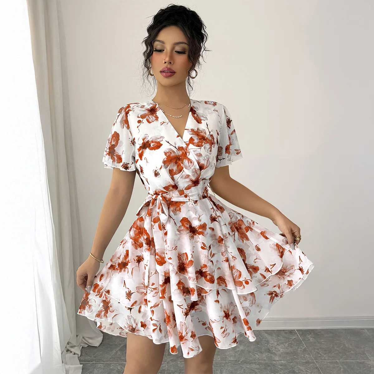 花柄プリントワンピース レディース Vネック 半袖 ミニ丈ワンピース スキニー ハイウエスト レースアップ Aライン エレガント ベスティドス スリム パーティー ナイト