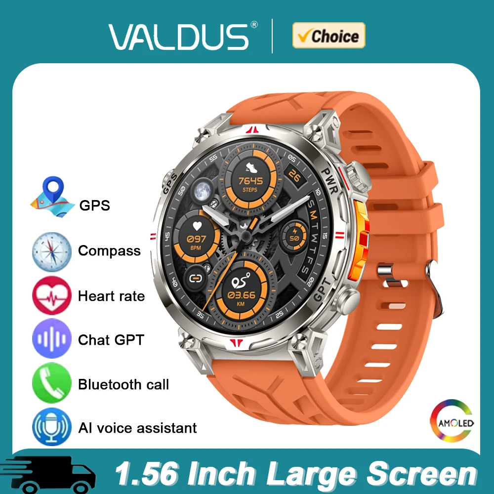 

Умные часы VALDUS AMOLED GPS VG55 Pro для мужчин с GPS, компасом, поддержкой Chat GPT, Bluetooth-звонками, долгим сроком службы батареи, новинка 2026 года, спортивные смарт-часы для Android и iOS