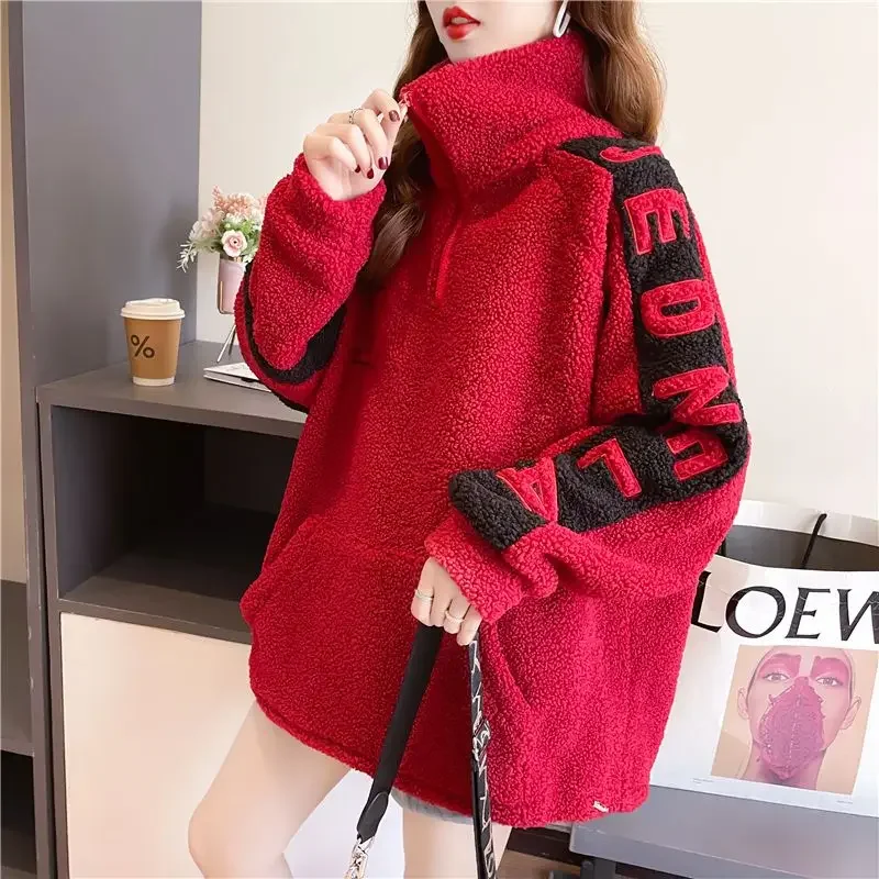 Korean Version Of Personalized Embroidery Loose Lamb Hair Half Zipper Turtleneck Sweater Women Street Fashion Casual Joker Top