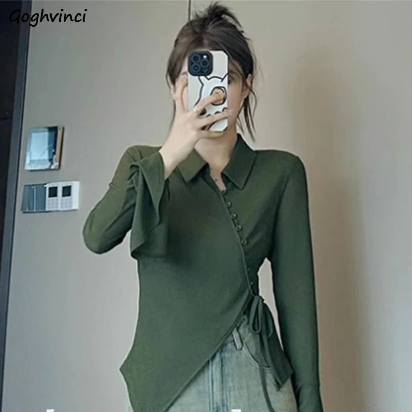 

Shirt Women Summer New Chic Hotsweet Slim Turn-down Collar Lace-up Flare Sleeve Now Solid Irregular Basic Blusas Female Korean