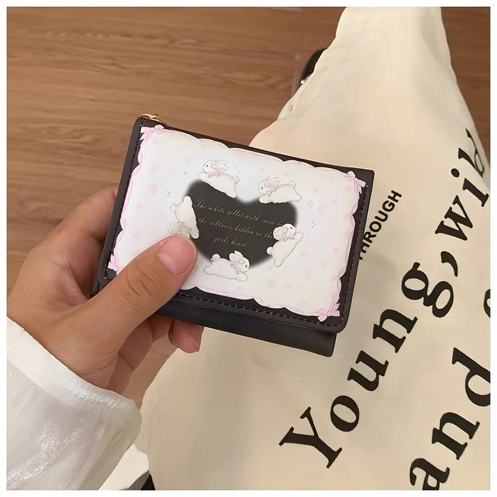 Multi Card Slot Wallet Tri-Fold Coin Purse Bunny Print Wallet Macaron-Colored Mini Daily Purse For Cash Storage Card Storage