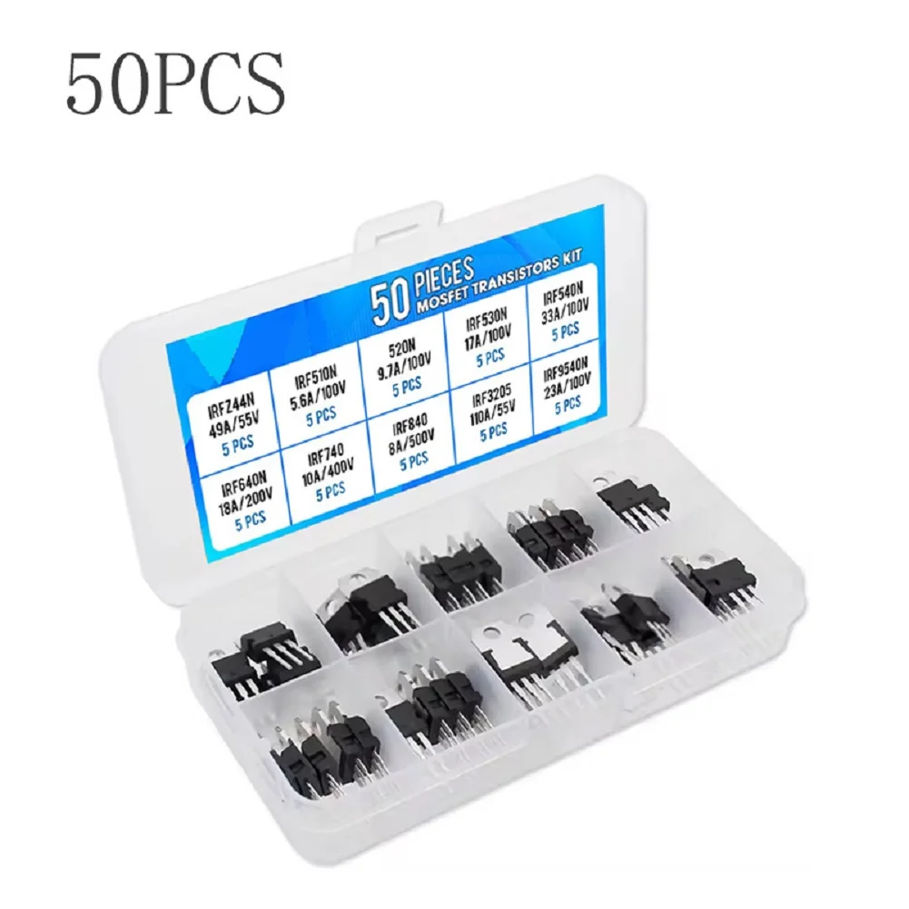50PCS TO 220 MOSFET Pack IRF510N 5.6A/100V 520N 9.7A/100V IRF530N 17A/100V IRF640N 18A/200V for Circuit Builders