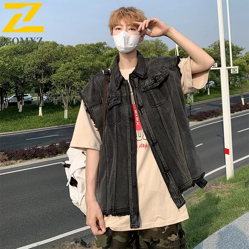 Men's Denim Vest Jacket Autumn Korean Style Loose Workwear Vintage Sleeveless Coat Casual Oversized Layering Waistcoat Fit sport