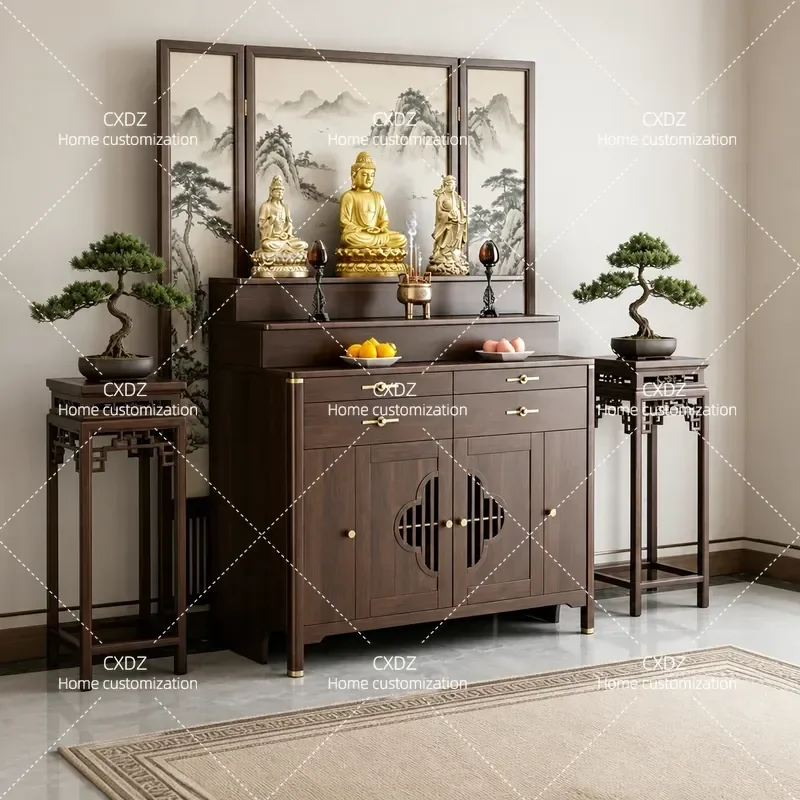 New Chinese Style Solid Wood Shrine Table Household Buddhist Altar Incense Case Simple Modern Three Layer Stepped Table