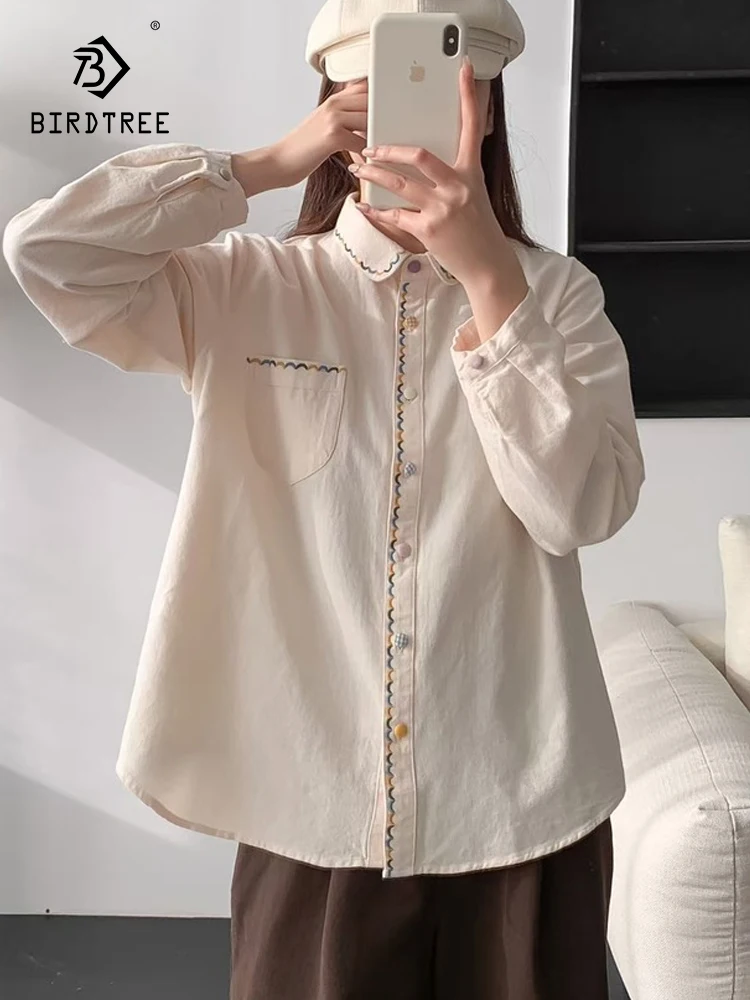 Novo 2026 primavera algodão camisa de manga longa, feminino turn-down colarinho bordado, mori menina estilo preppy chique blusa solta t5d884cc