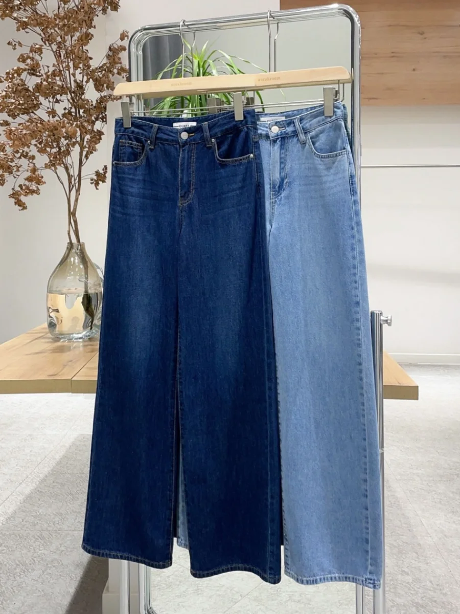แท้ Noxiao พจนานุกรมฤดูใบไม้ผลิ 2025 ความยาว Draped Soft DENIM กางเกงยีนส์เอวสูงขาตรง VINTAGE Sle ผู้หญิงพรีเมี่ยมกางเกงยีนส์