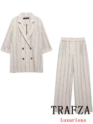 TRAFZA Vintage Chic Striped Women Suit Double Breasted Blazer Straight Loose Pants New Fashion 2024 Autumn Office Lady Sets