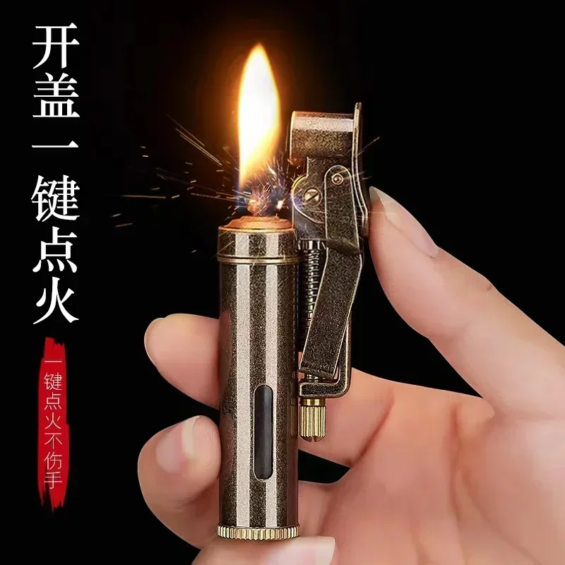 New Copper Kerosene Lighter Visual Oil Tank One-key Ignition Retro Nostalgic Grinding Wheel Lighter Men\'s Smoking Gift Tool