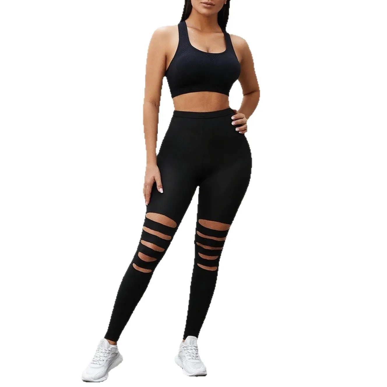 女性のタイトなリッピングヨガソリッドカラーシンプルなミルクシルクレギンス9ポイントブラックブロークンハイウエストフィットセクシーパンツ