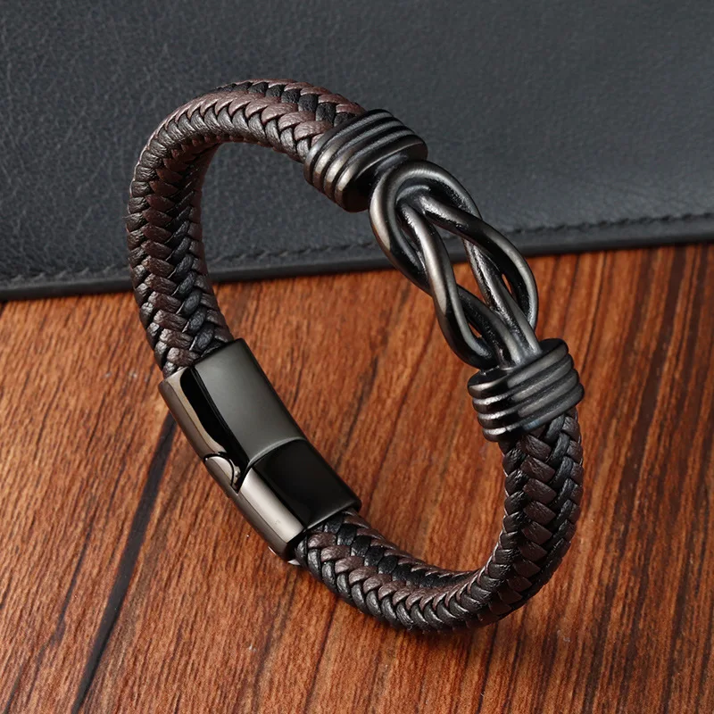 

Infinity 8 Figure Leather Bracelet Hand-Woven Bracelet Genuine Leather Braided Men's Leather Bracelet Stainless Steel
