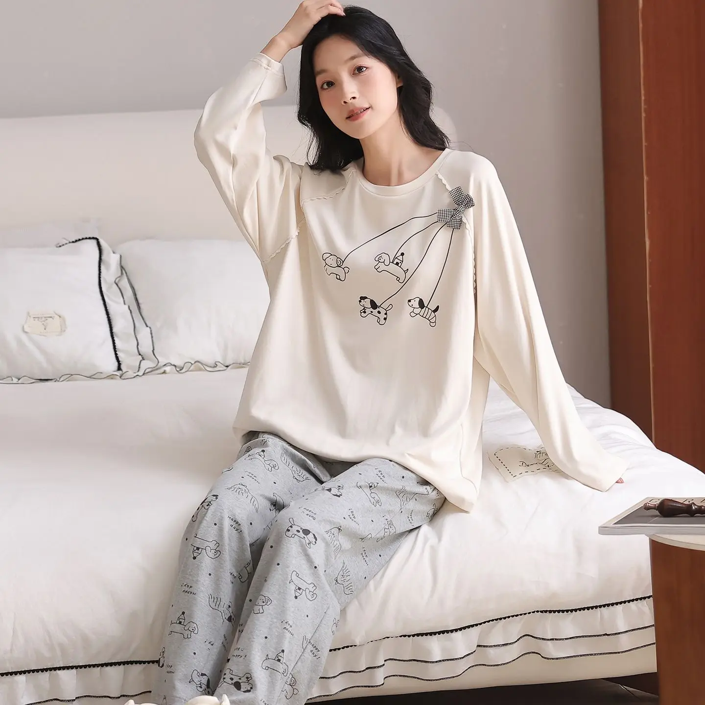 أطقم بيجامات قطنية 100% بأكمام طويلة لربيع وخريف 2026 للنساء ملابس نوم كورية لطيفة ملابس منزلية بيجاما موهير ملابس منزلية