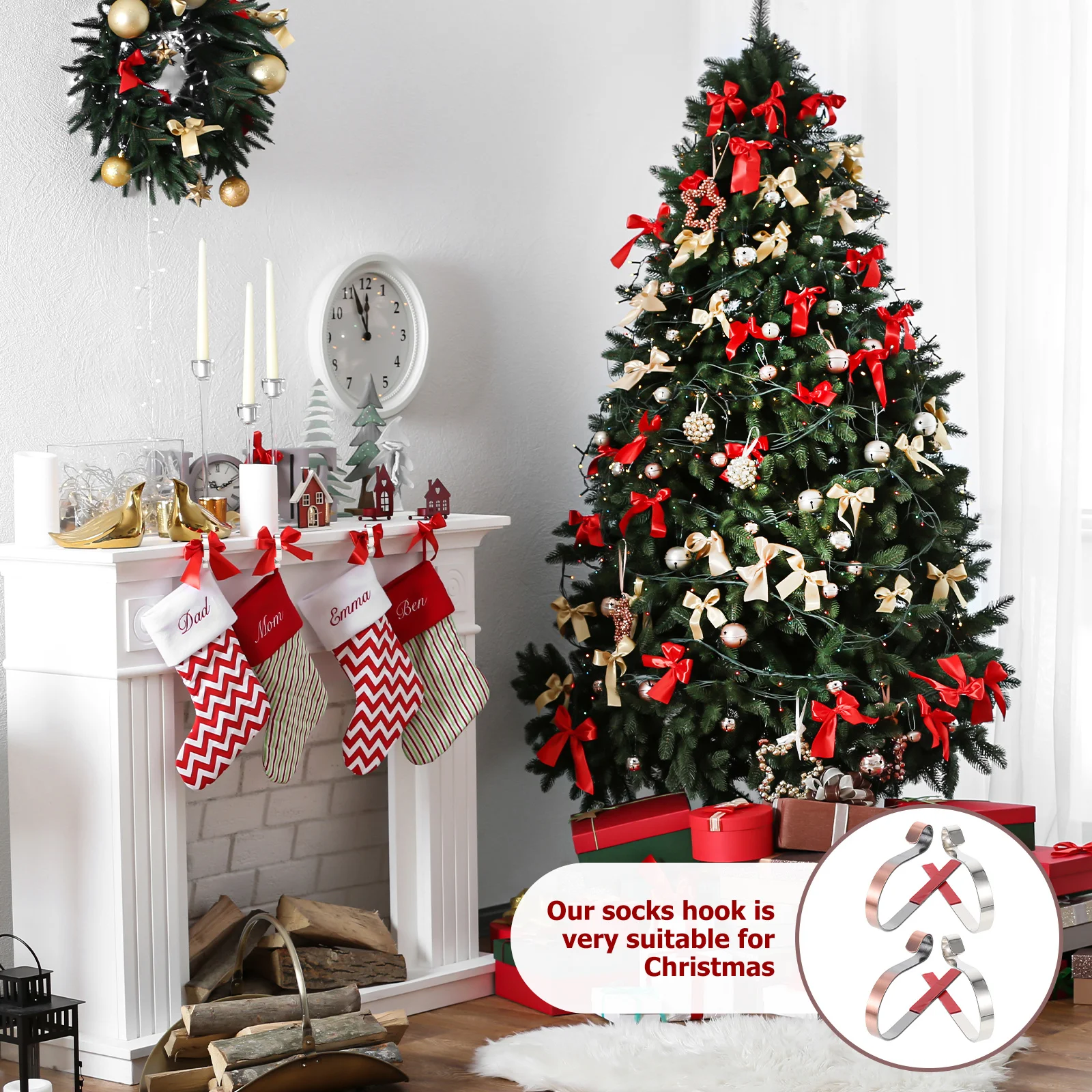 

4Pcs Metal Hook Christmas Stocking Holder Heavy Duty Xmas Stocking Hanger for Fireplace Mantel Window Sill Use