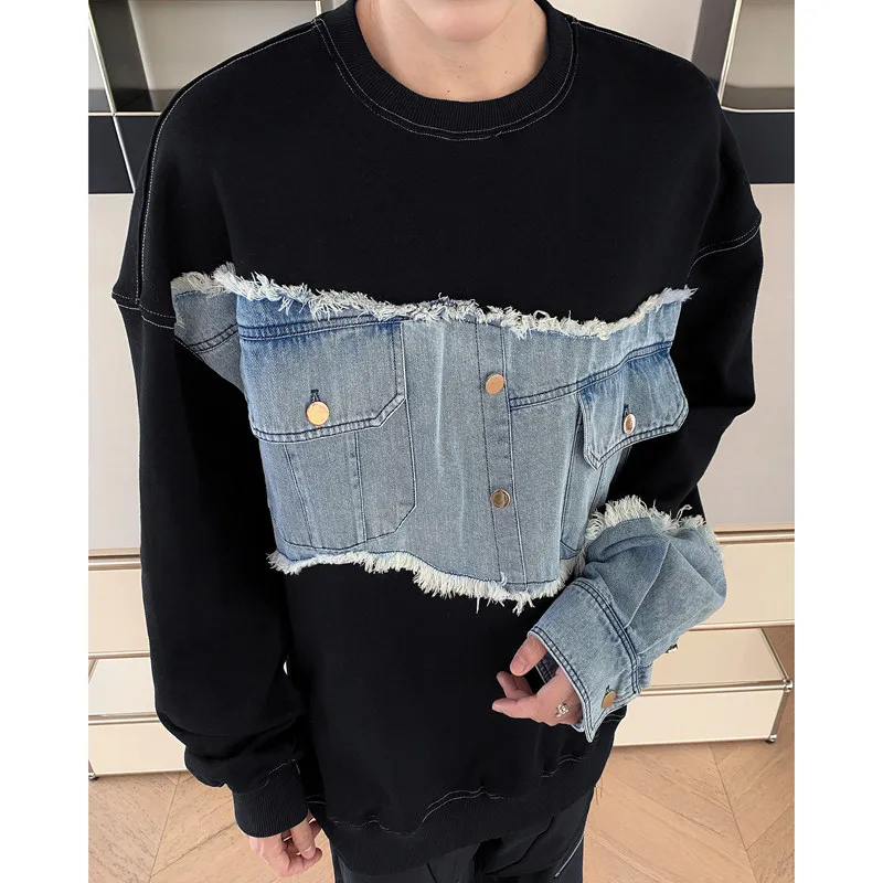 

Retro American Denim Patchwork round Ne Loose Fit Men's Workwear Sweatirt Casual ex Asymmetrical Hem Top