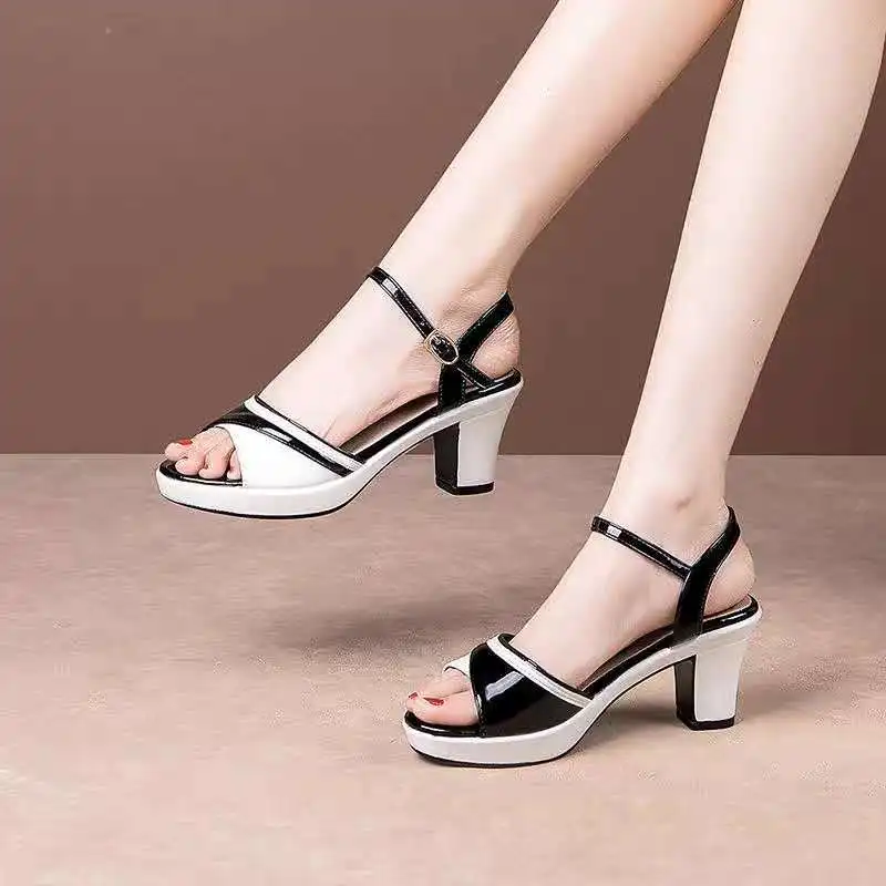 Summer Shoes Women High Heels Sandals Peep toe Elegant Ladies Square Heel 5cm Casual Woman Shoes Black White A2506