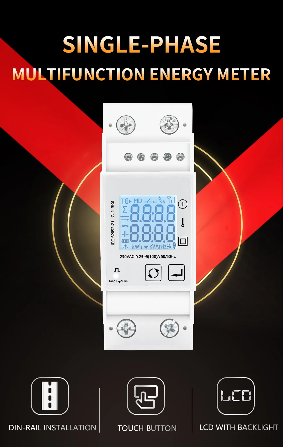 220v Power Single Phase Digital Din Rail Wattmeter Ammeter Voltmeter KwH RS485 MODBUS Electric Consumption Meter TAC2100