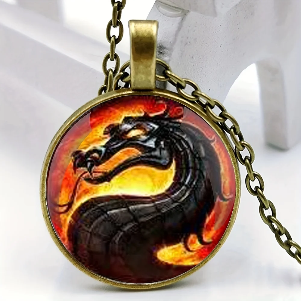 1pc Fashion Dragon Pendant Necklace, Mortal Kombat Pendants Glass Dome Jewelry Accessories For Men