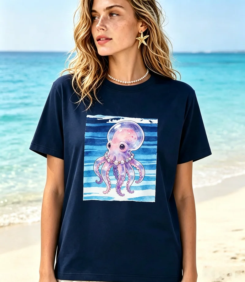 Watercolor Pearl Octopus Blue Gradient Ocean Stripes T Shirt Soft Cotton Short Sleeve Women Summer Pool Beach Holiday Casual Tee