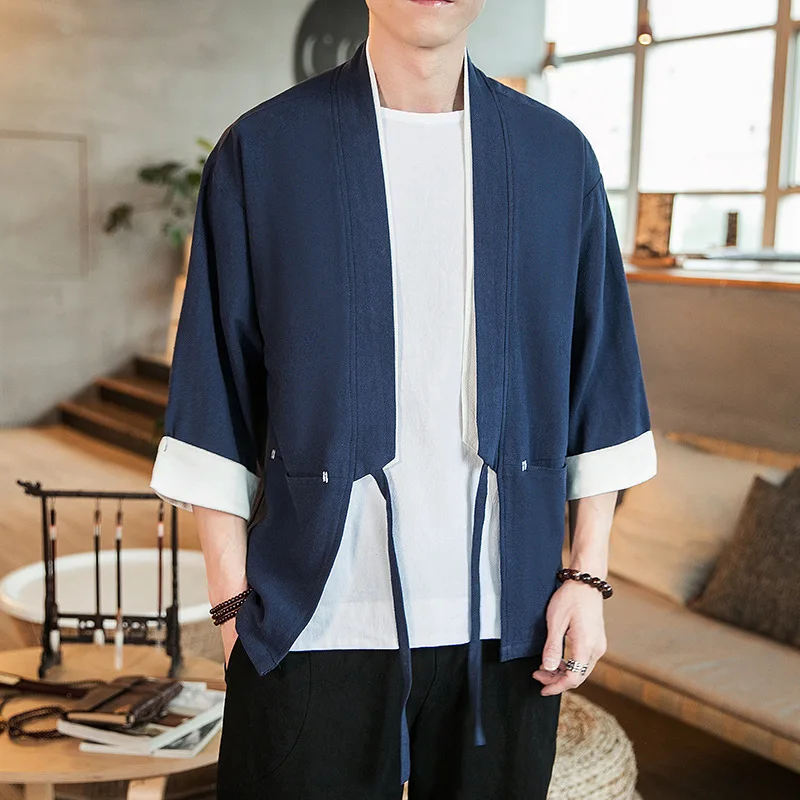 Summer Men's Cotton Kimono Cardigan Outerwear Coats Fashion Streetwear Short Loose Male Jackets Casual Overcoat Clothing