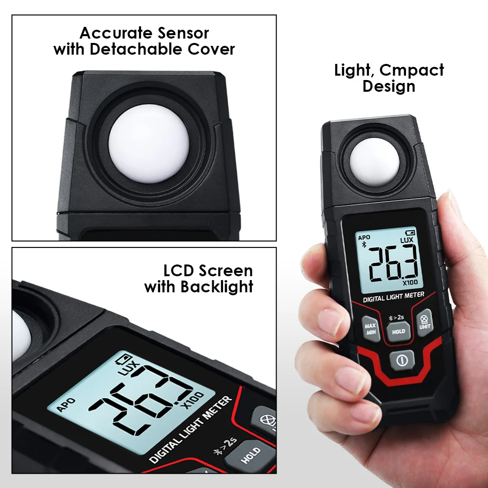 Bluetooth Digital Lux Meter w/ App 200000 Lux Handheld Light Meter Foot Candle Illuminance Tester for Plants & Photo - view 4