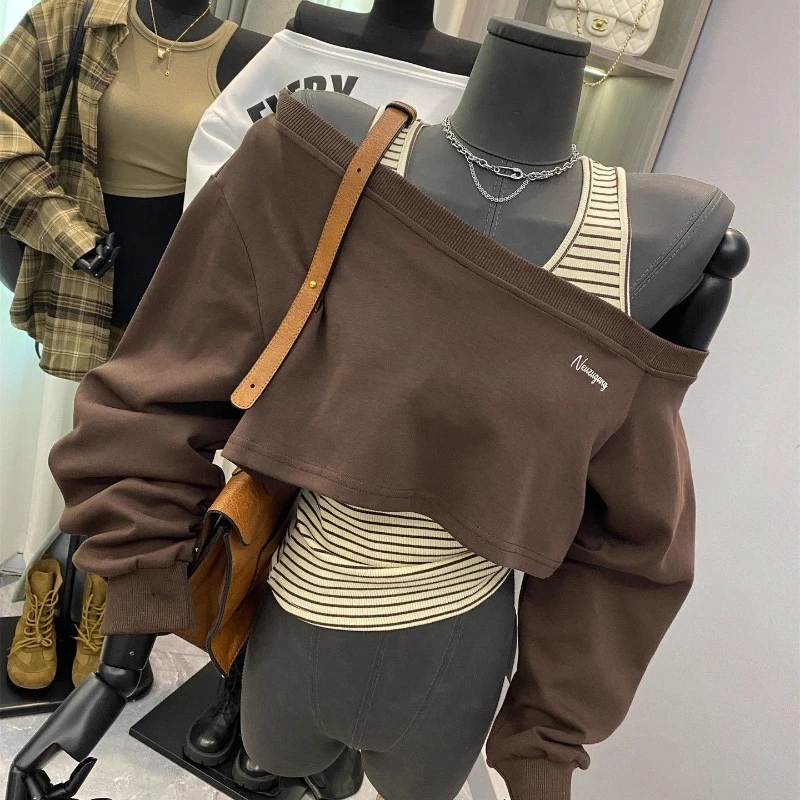 

Deeptown Vintage Off Shoulder Sweatshirts Women Striped Two Piece Sets Crop Tops Harajuku Brown Y2k Retro Streetwear Pullover