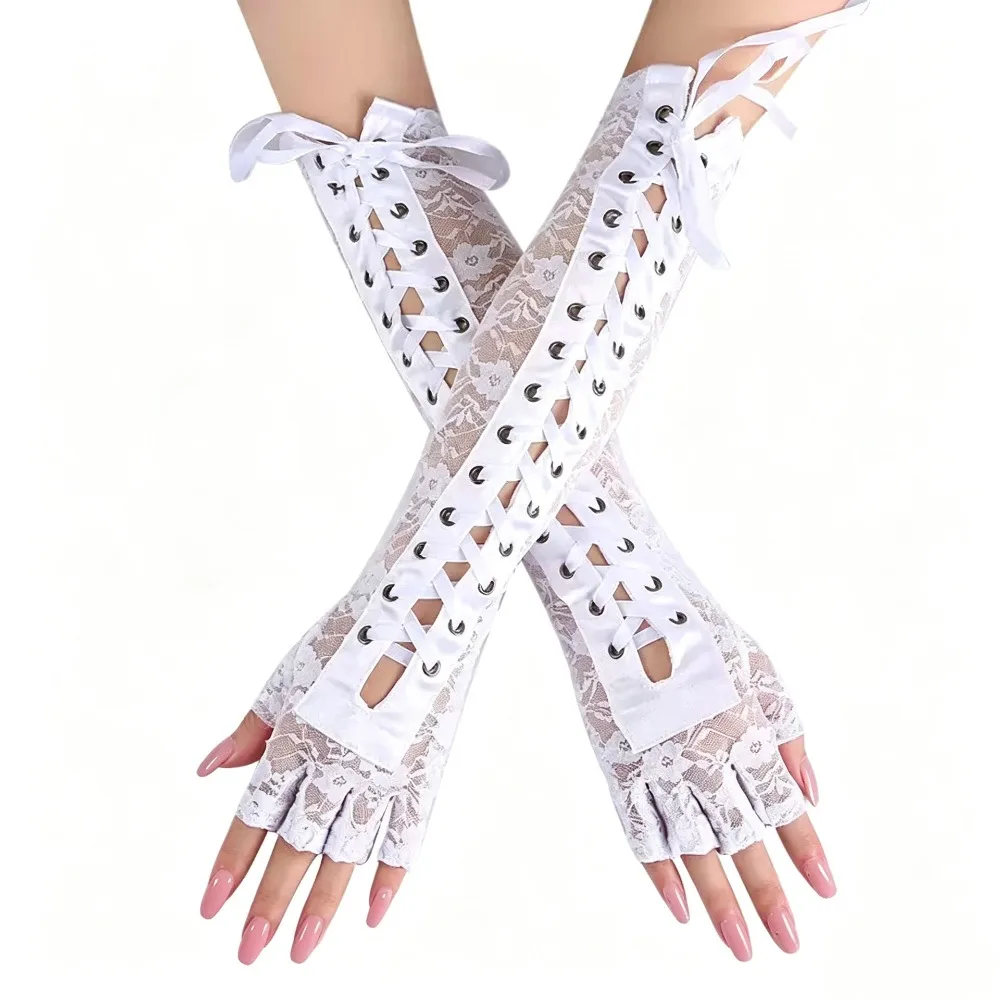 Sweet Elastic Lace Strap Gloves Long Gloves Lolita JK Ribbon Half Finger Gloves Cloth Gothic Women Gloves Prom Dress