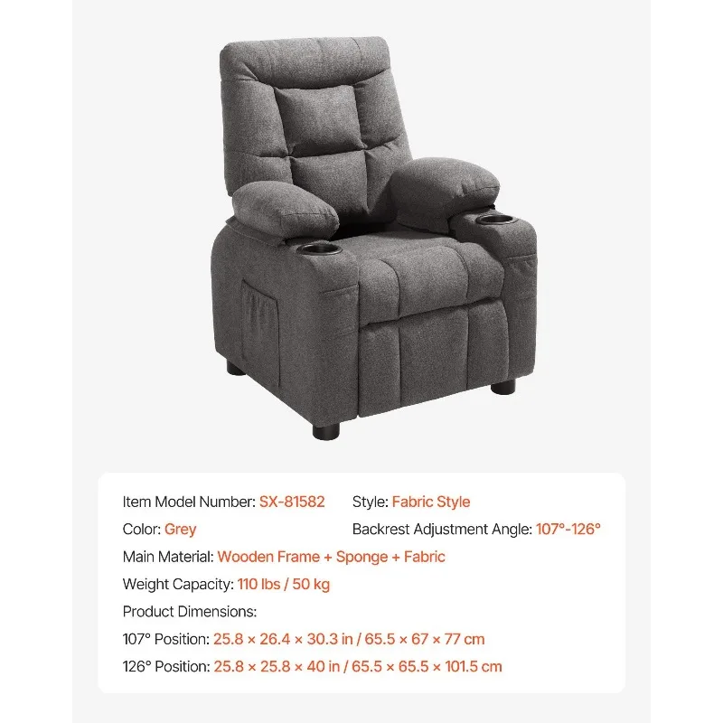 Kids Reclining Chair, Toddler Recliner with Cup Holders and Pockets, 107° to 126° Adjustable Backrest, Breathable Polyester