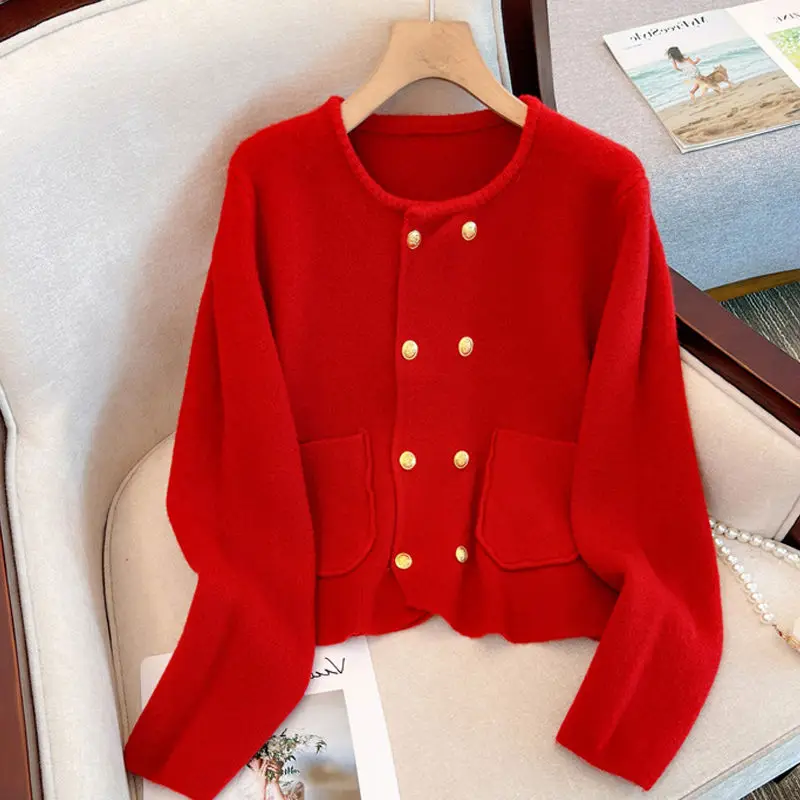 2024 Autumn and Winter All-match Sweaters Socialite Temperament O-Neck Solid Color Loose All-match French Double Breasted Coat