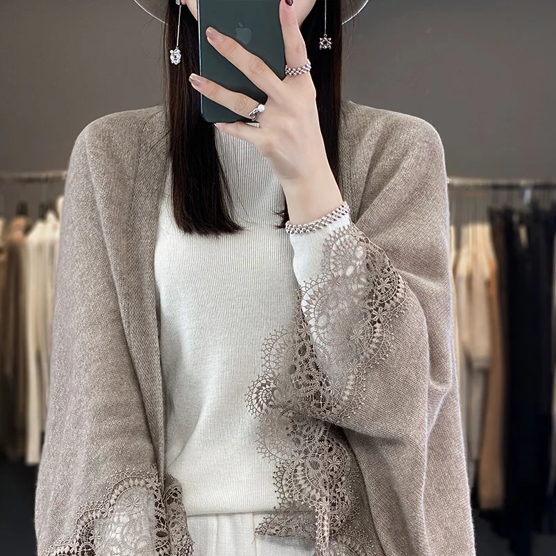 New fashion spring cardigan elegant and soft 100% Merino wool knitted sweater Korean style shawl fashion top