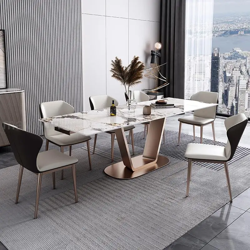 Italian Dining Table And Chairs Rock Board Expandable Kitchen Furniture Stainless Steel Base Rectangle Table Mesa Comedor