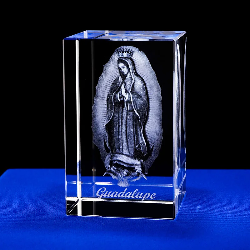 3D Virgin Mary Jesus Statue Laser Engrave Crystal Ornaments Cross Figurine Christianity Catholicism Home Altar Religious Decor