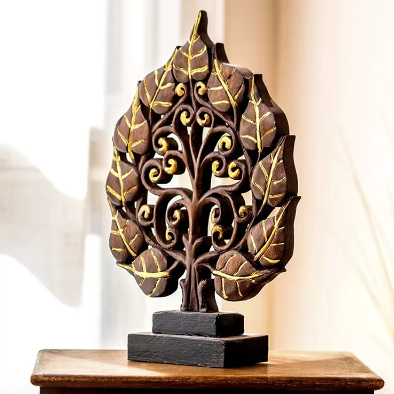 Thai Style Home Decor Entrance Ornament Solid Wood Carved Bodhi Tree Creative Chinese Living Room Table Decoration Figurine