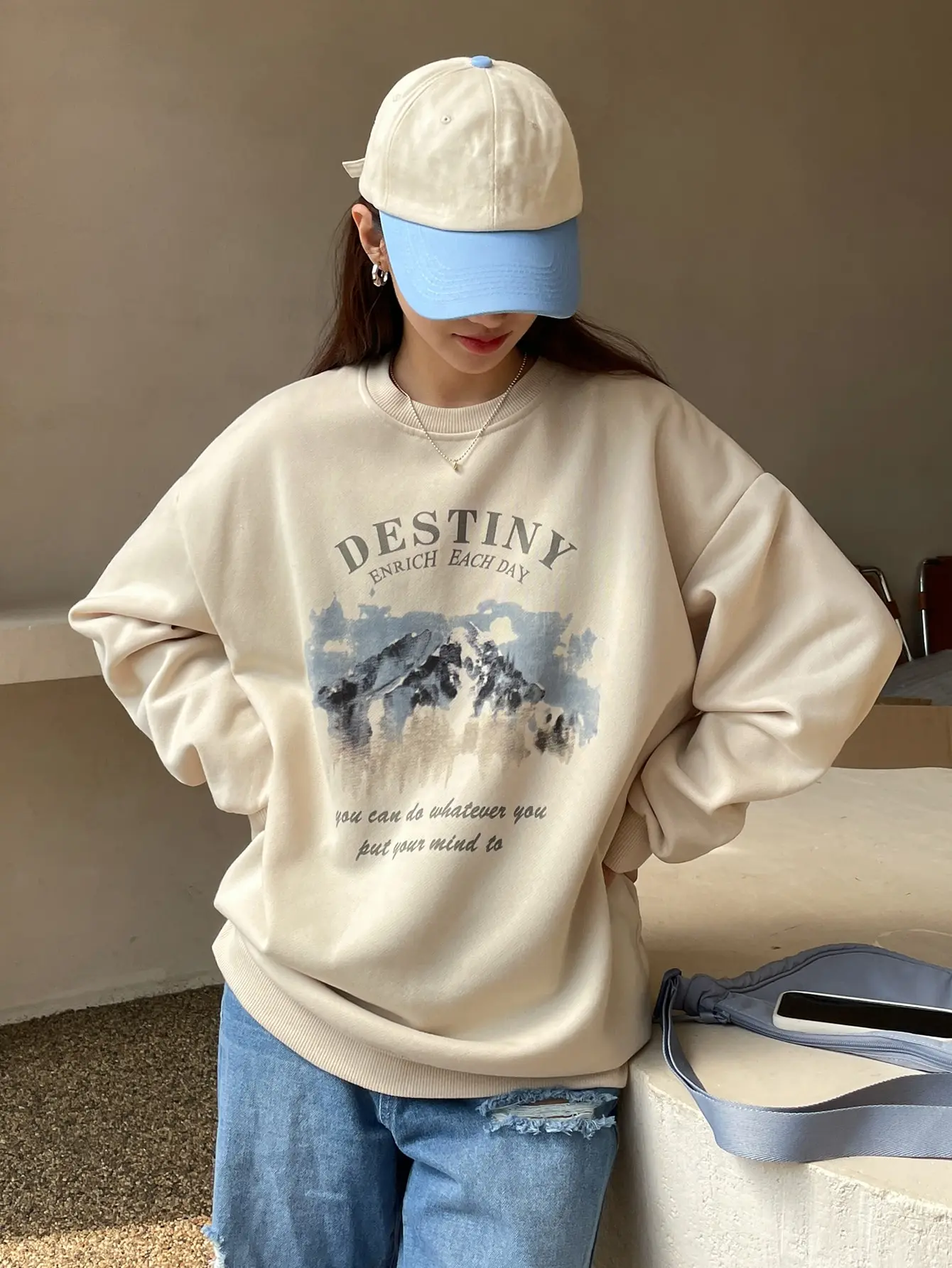 Women Sweatshirt Destiny Enrich Each Day Letter Print Hoodie Korean Casual Streetwear Crewneck Loose Pullover Female Clothes