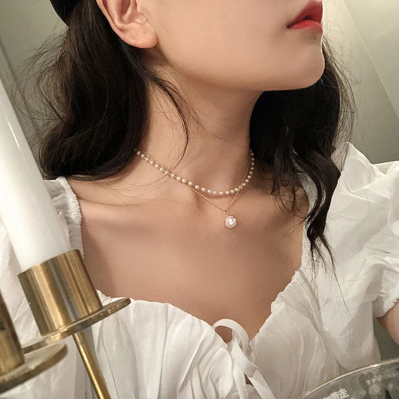 Fashion Pearl Necklace Ladies Exquisite Double Layer Clavicle Chain Necklace Jewelry for Ladies Gift