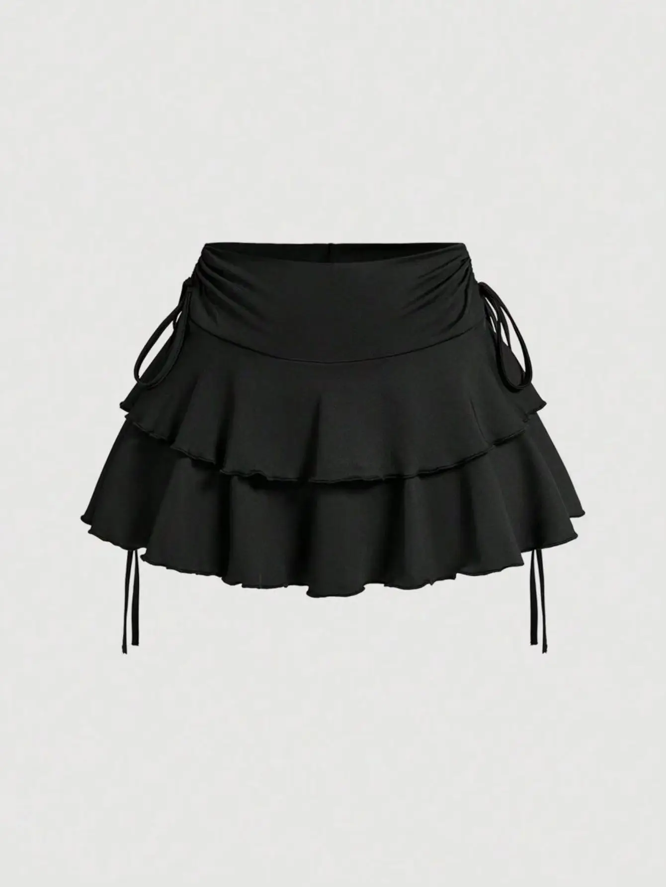 Drawstring And Fold Detail Solid Color Cake Skirt, Spring/Summer, Party Skirt, Beach Skirt, Summer Vacation Outfits