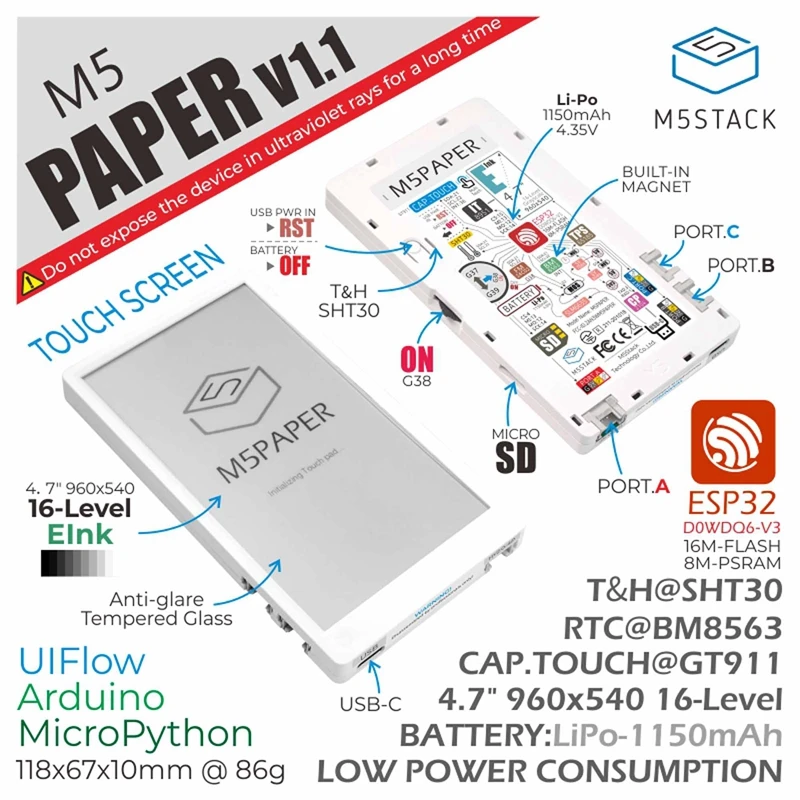 

M5Stack M5 Paper V1.1 ESP32 Development Kit mit 4,7" 940x540 E-Ink-Display