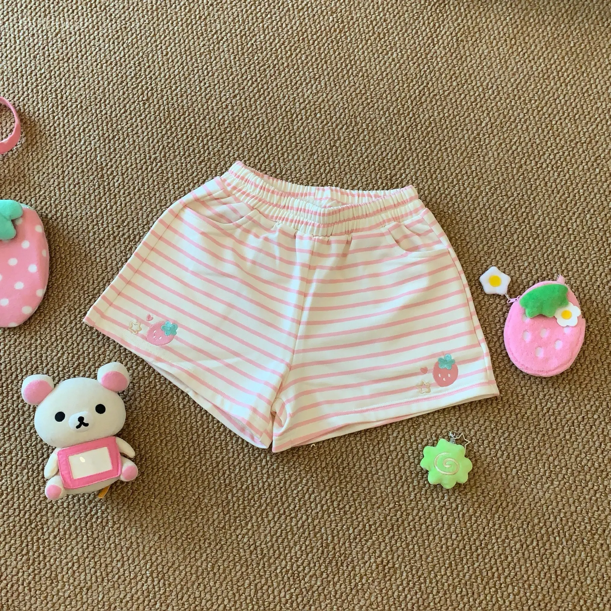 Japanese Kawaii Contrast Color Striped Shorts Harajuku Summer Sweet Girls Strawberry Embroidery Pants Y2k Aesthetic