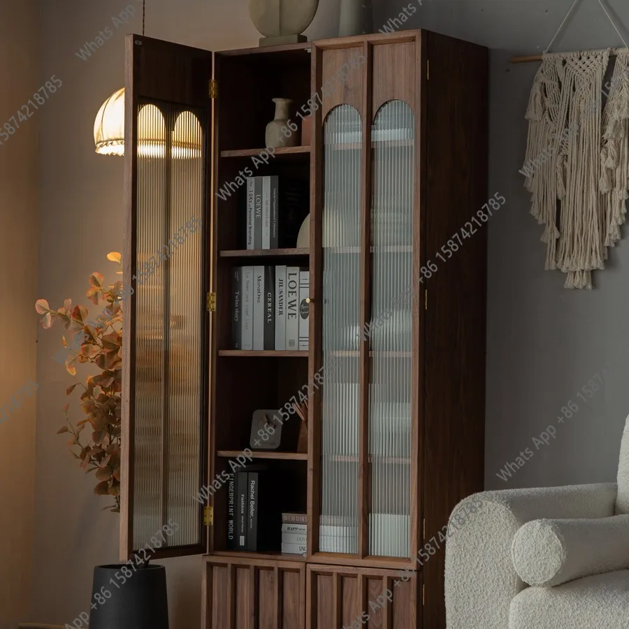 

Vintage Nordic black walnut solid wood bookcase, living room dust-proof glass display cabinet, locker storage