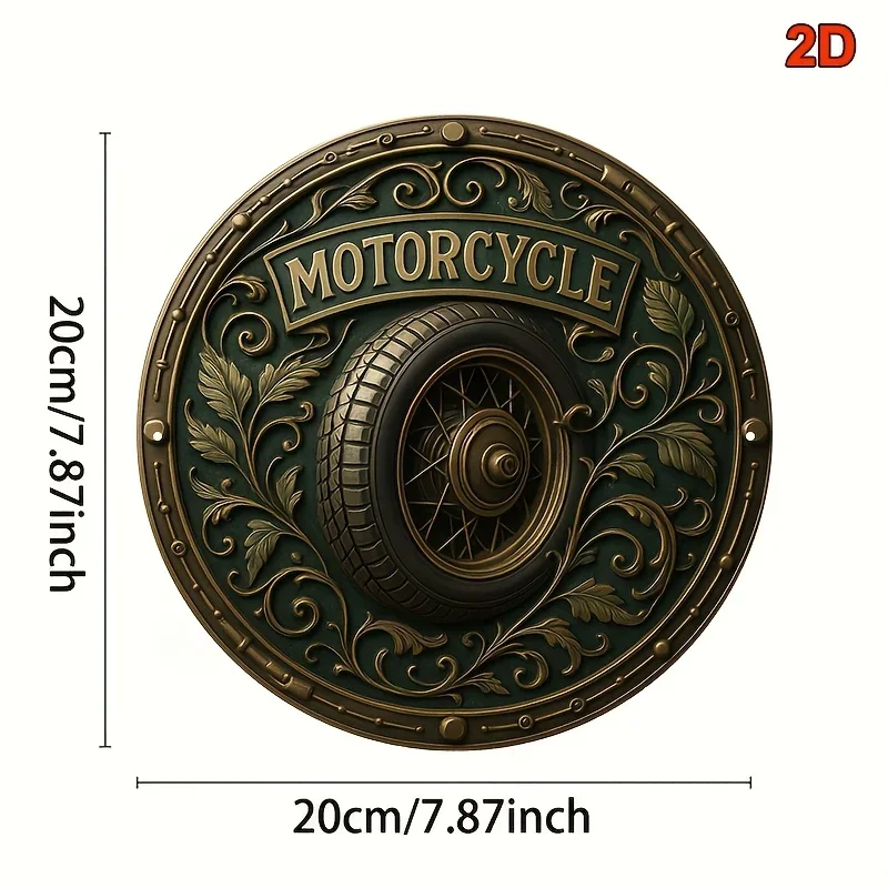 Vintage Motorcycle Tire Ornate Embossed Look Round Tin Sign, 1pc 2D Flat Retro Biker Metal Wall Plaque, 20cm Bar Garage Decor