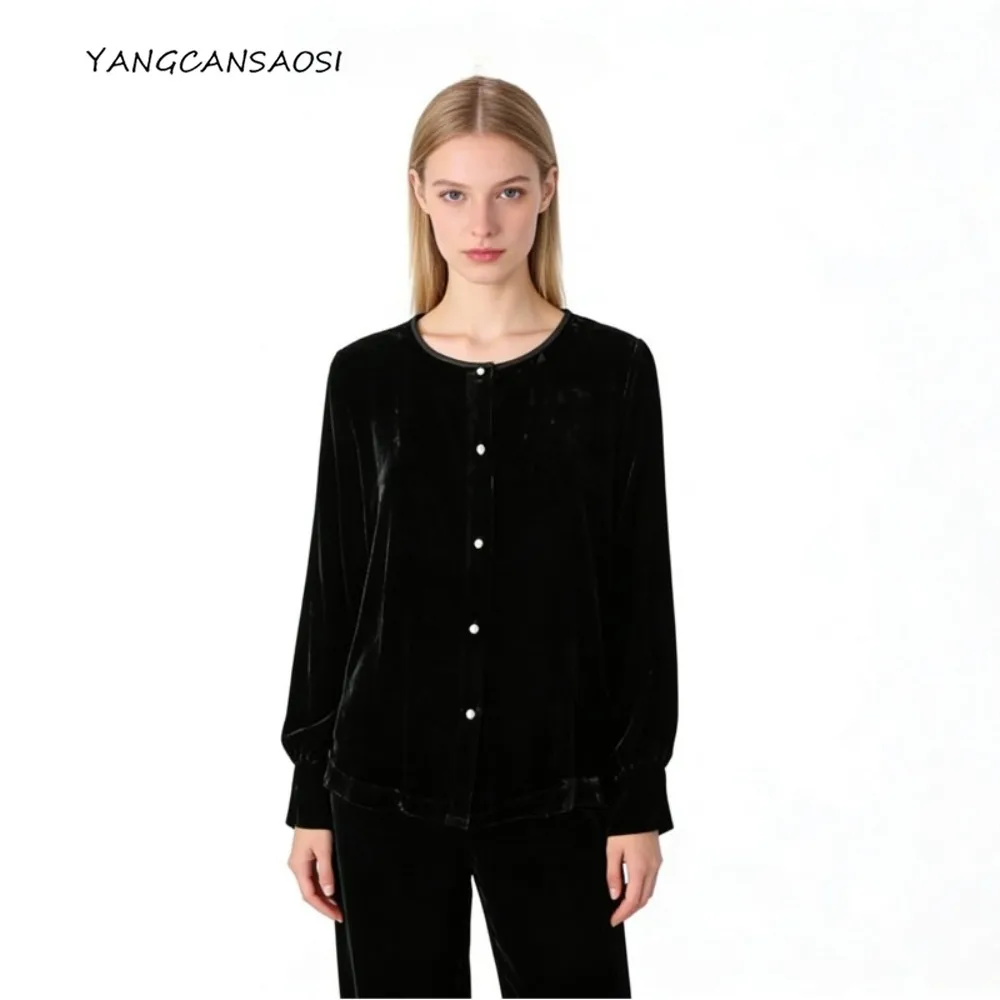 

2025 Women's Fashion Autumn/Winter Clothing 30% Natural Mulberry Silk Velvet Round Neck Lantern Long Sleeved Black Loose Shirt
