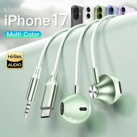 For iPhone 17 Headphones Type C Earphones in Ear Wired Headsets With Mic Wire Control Earbuds For iPhone 17e 16 15 Pro Max Plus