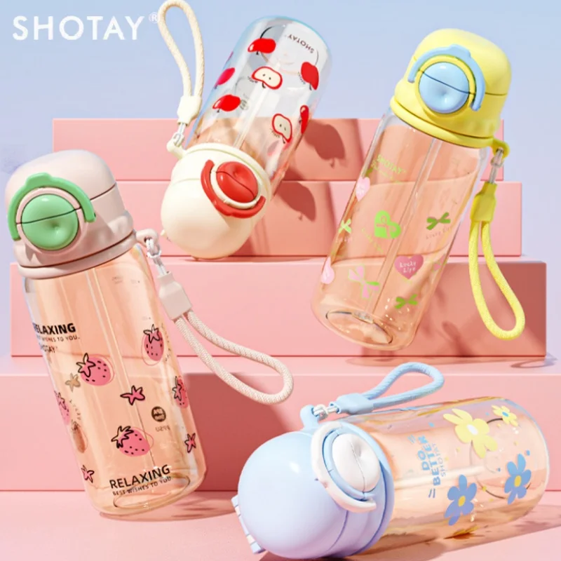 

SHOTAY Cartoon Pop-up Water Bottle 650ML PPSU Summer Juice Straw Cup Leak-proof Portable Sports/Travel Kettle for Children Gifts
