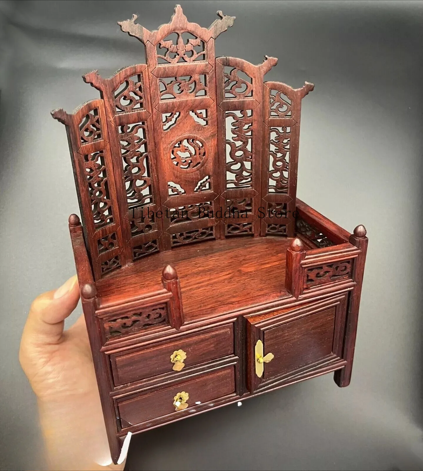 Altar Butsudan de palo de rosa tallado con Buda en miniatura, figura de dios para oración en el hogar