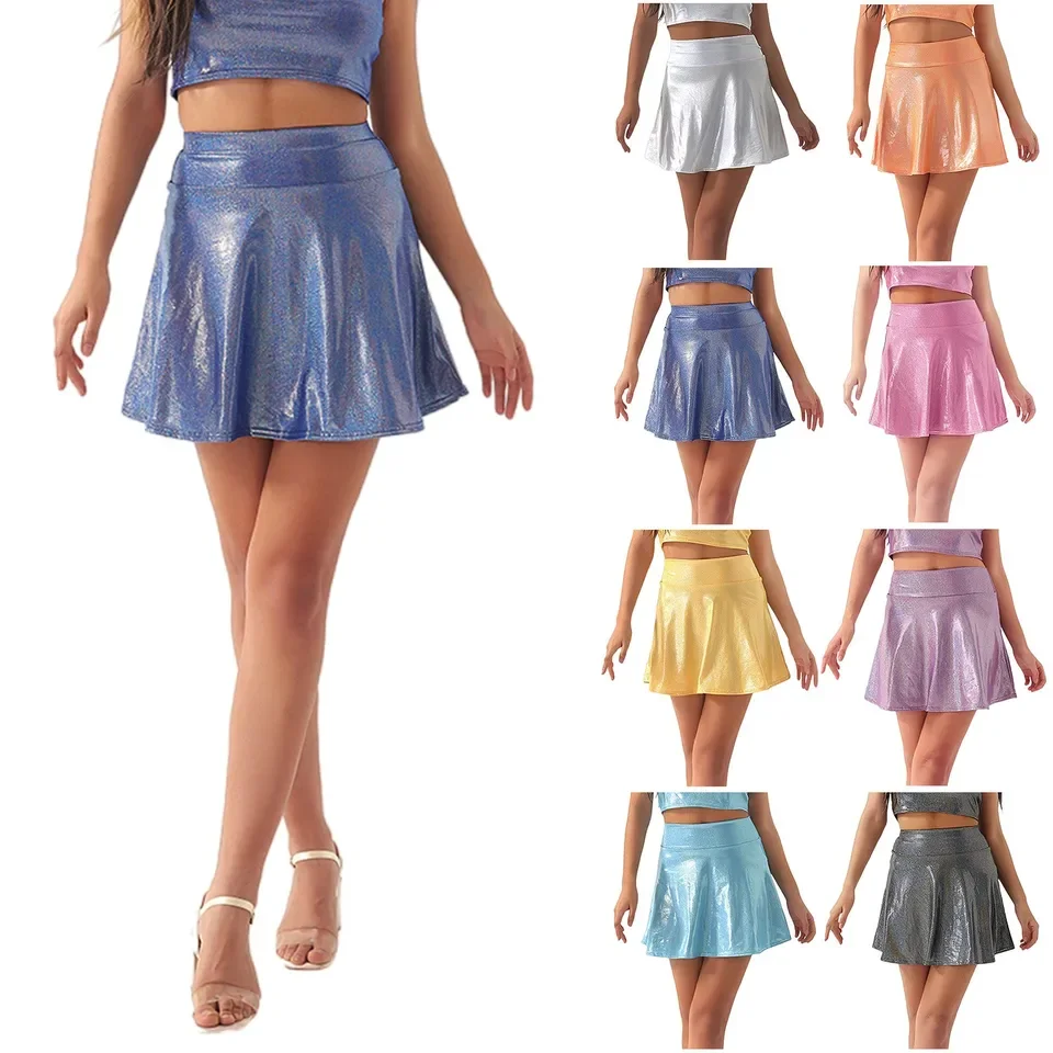 Women'S Shiny Metallic Wet Look Skirt Carnival Stretchy High Waist Flared Skirts Solid Athletic Skorts Fitness Short Skirts