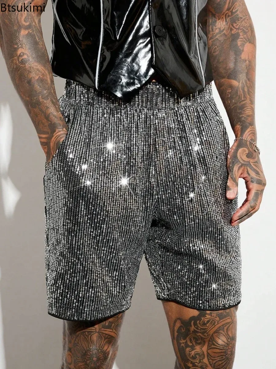 

New Men's Spring Summer Casual Shorts Mens Vintage Solid Color Sequin Glitter Shorts Streetwear Men Trendy Loose Straight Shorts