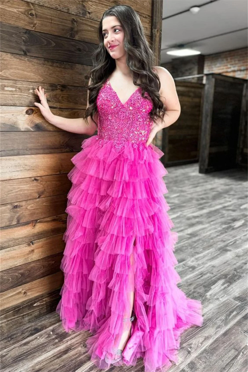 Sansa Spaghetti Strap Prom Dress A-line Multilayer Vestidos De Noche Elegant Sleeveless Side Split Floor-Length Wedding Dresses