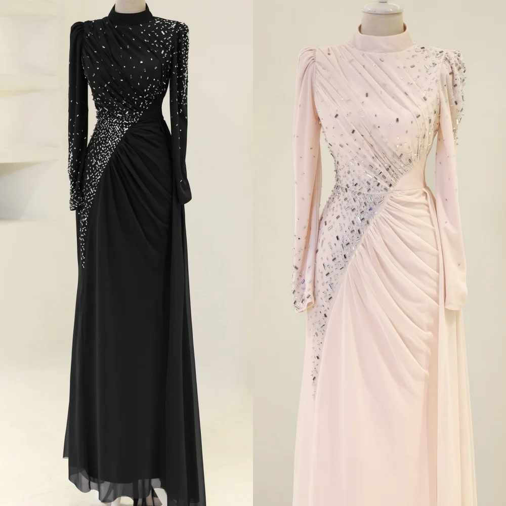 

Customized High Quality Matching Chiffon Rhinestone Pleat Straight High Collar Long Dresses Bespoke Occasion Dresses Fashion