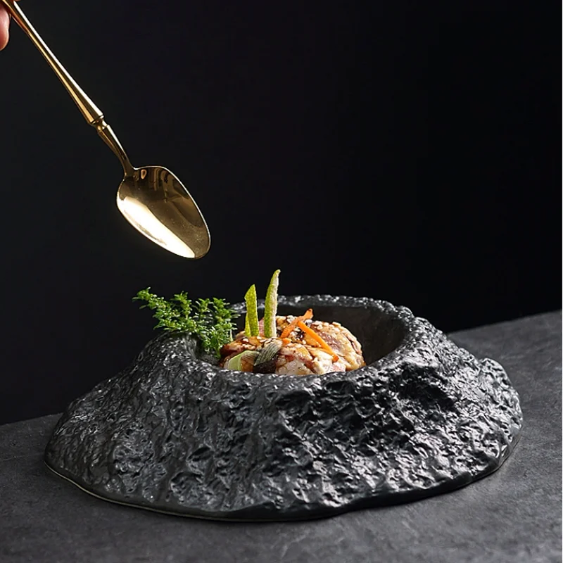 Volcano Shaped Black Dishes, Restaurants, Creative Irregular Ceramic Tableware, Home Kitchens, Special Shaped French Soup Plates