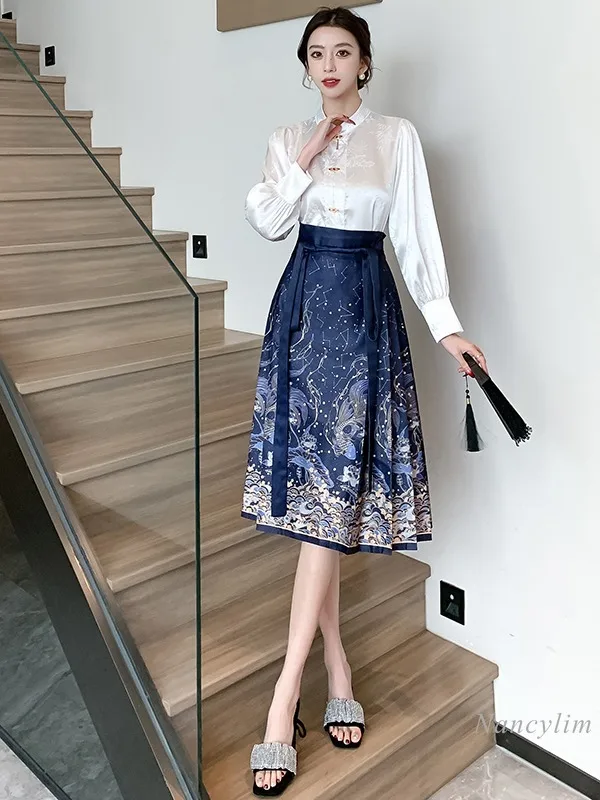 Daily Commuting Horse-Face Skirt Suit Women\'s 2024 Spring and Summer Outfits Two Piece Set New Chinese Style Blouse Hanfu Skirt