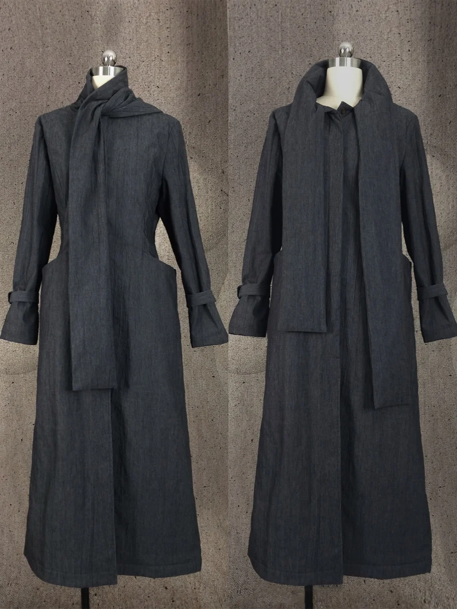 

Утепленное хлопковое пальто-комбинезон с шарфом, удлиненное, зимнее, женское, модное, прямого кроя, с длинными рукавами, средней длины, на одной пуговице