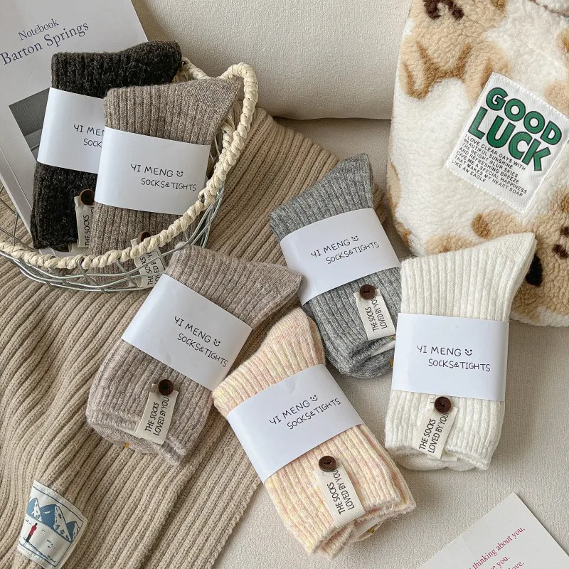 6 Pairs Set Women's Socks Wool Fabric Button Double Needle Pile Socks Autumn And Winter Jk Japanese Versatile Sock Thick Fashion